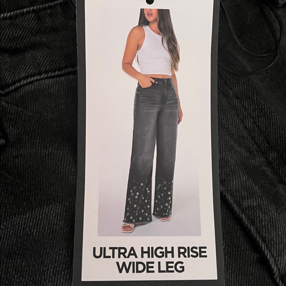 BCBGeneration Charcoal Floral Embellished High Rise Wide Leg Jeans